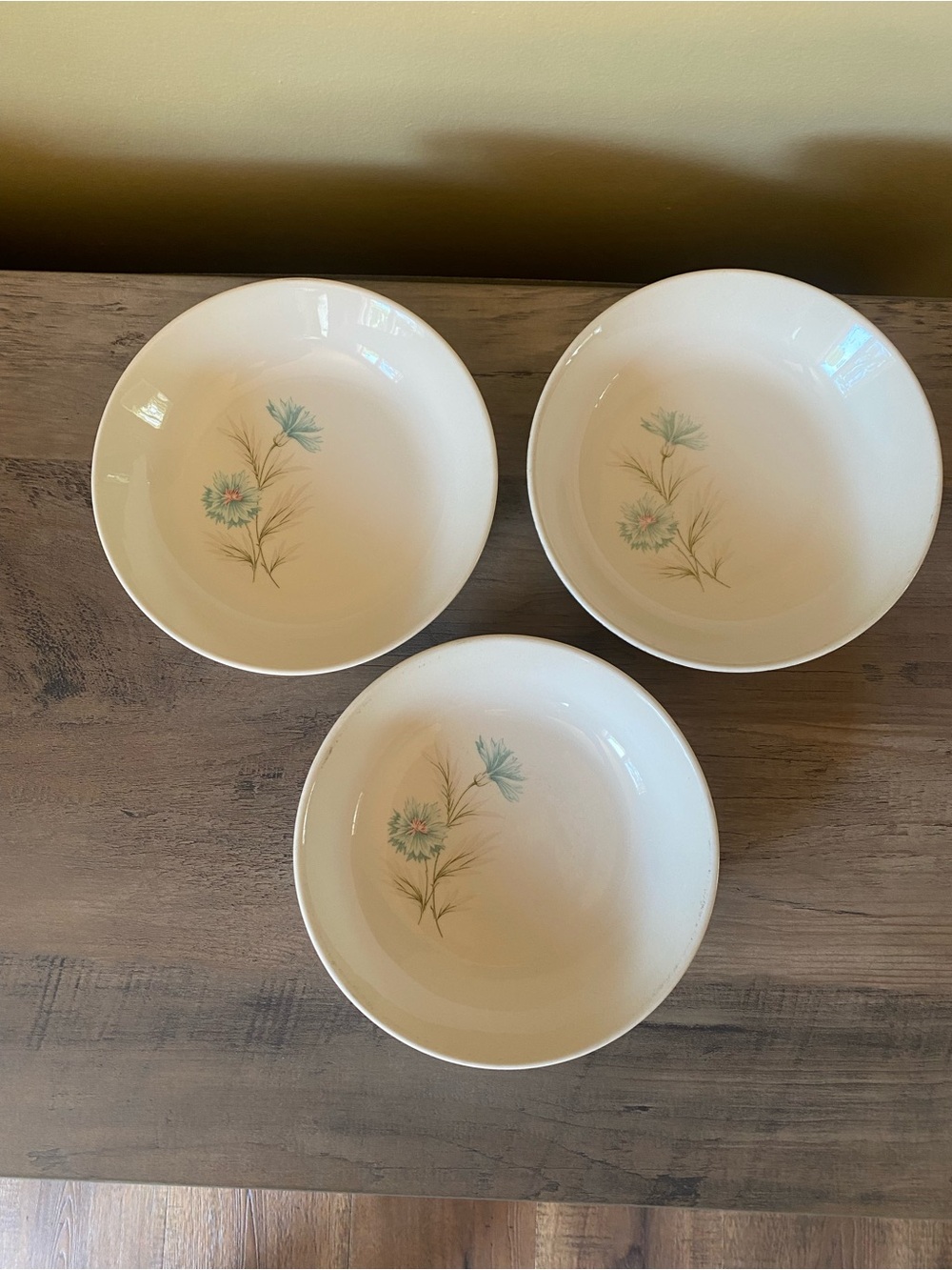 Ceramic Shallow dessert or soup bowls Bowls with Teal Floral Motif 6.5 in